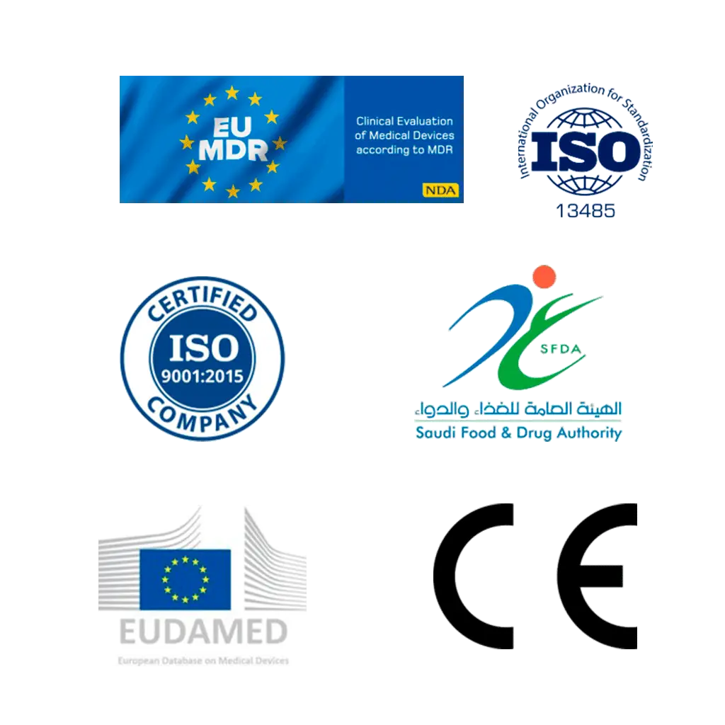 Selos EU MDR, ISO 13485, ISO 9001, SFDA, EUDAMED e CE