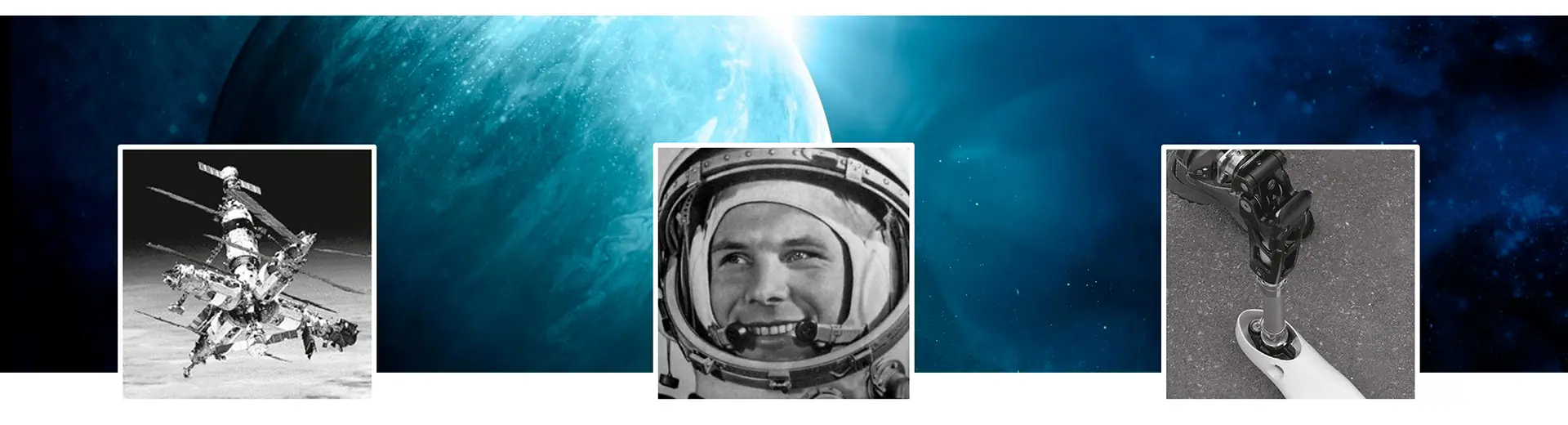 Montagem com a estação espacial Mir, um cosmonauta em traje espacial e um joelho protético